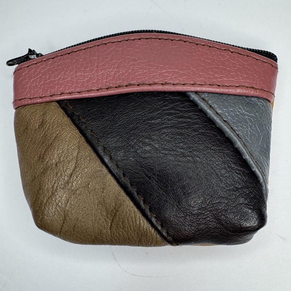 Vintage Patchwork Leather Coin Purse Boho Hippie 80s Blue Brown Tan Pink 4" X 3"